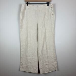 Talbots 100% Linen Pants Womens 12P Beige Wide Leg Sailor Crop Trousers Coastal